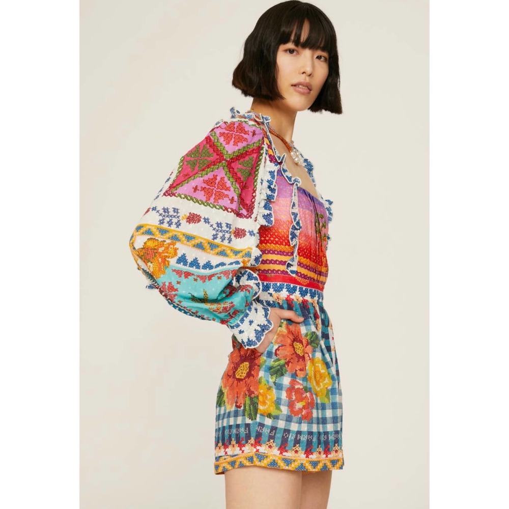 Farm Rio multicolor short cotton romper long sleeves tropical pattern